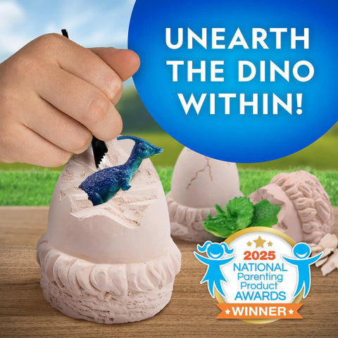 Child using a tool to dig a dinosaur figure from an egg, part of Dino Dig Kit With 12 Dino Shaped Eggs Each Hiding A Figure And An Awesome Full Set Of Digging Tools For Epic Egg Hunts Or Dig Party Fun A STEM Toy For Kids To Uncover Dinosaurs Learn Fossils And Share The Adventure, with award badge in view.