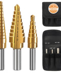 Step Drill Bit Set With 28 Size Options For Metal Wood And Plastic Titanium Coated HSS Double Cutting Blades Carry Bag 3 Piece DIYers Kit For Fast Clean Holes And Smooth Drilling