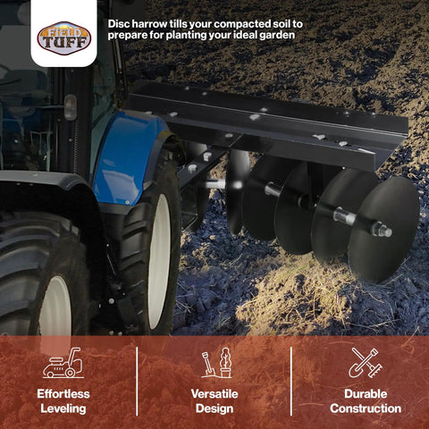 Tow Behind Sleeve Hitch Disc Harrow Garden Cultivator For Tractor With 39 Inch Working Width And 11 Inch Discs Black Steel Attachment