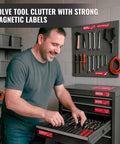 Man organizing tools with 90 Pcs Magnetic Toolbox Labels Set Red 3.5x1 Inch For Tool Box Drawers With Strong Magnetic Backing