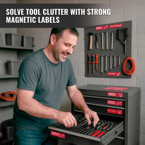 Man organizing tools with 90 Pcs Magnetic Toolbox Labels Set Red 3.5x1 Inch For Tool Box Drawers With Strong Magnetic Backing