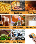 Non Contact Infrared Thermometer Gun For Cooking, Digital Surface Temp Tool For Grills And Blackstone Pizza Ovens, Minus 58F To 1022F, Backlit LCD, Auto Shutoff, Carrying Case Included, Not For Human Use shown with examples like cast iron and pizza oven use.