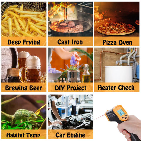 Non Contact Infrared Thermometer Gun For Cooking, Digital Surface Temp Tool For Grills And Blackstone Pizza Ovens, Minus 58F To 1022F, Backlit LCD, Auto Shutoff, Carrying Case Included, Not For Human Use shown with examples like cast iron and pizza oven use.