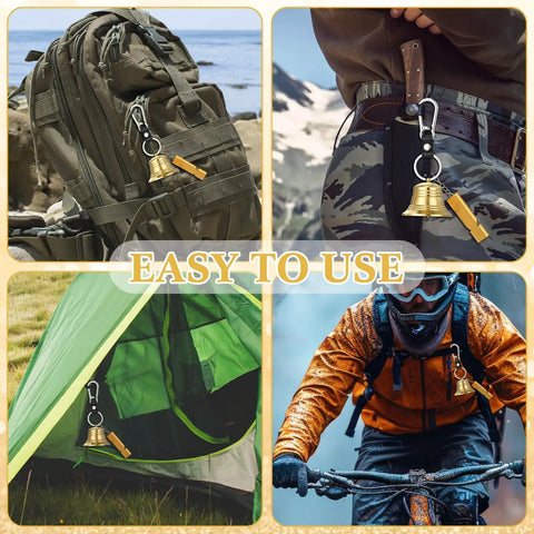 Six Pack Bear Bell Safety Gear with bells on backpack, belt, tent, and biker, for hiking, camping, fishing, biking, and climbing