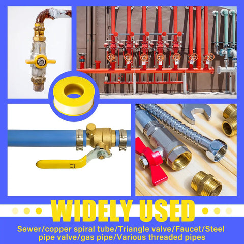 Collage featuring Extra Wide Three Quarter Inch Gas Tape, 390 Inch Long, Four Mil PTFE Thread Sealant For Gas Lines, pipes, and fittings