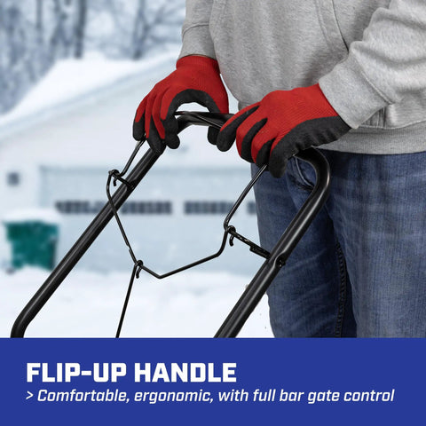 Person adjusting handle of All Season Workhorse Salt And Ice Melt Spreader, 80 lb capacity with ergonomic design and spiked auger