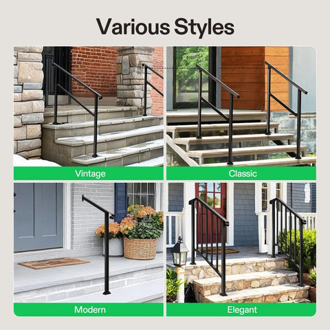 Heavy Duty Three Step Wrought Iron Handrail With Curved Metal Balusters In Matte Black Finish Perfect For Outdoor Deck Stairs And Porches That Looks Solid And Works Like A Charm in vintage, classic, modern, and elegant styles.