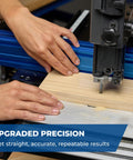 Pro Level Band Saw Fence With Hella Precise Drift Adjustment And Laser Cursor For 14 Inch Woodworking Bandsaws, showing hands adjusting wood for precise cuts.