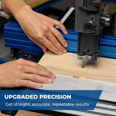 Pro Level Band Saw Fence With Hella Precise Drift Adjustment And Laser Cursor For 14 Inch Woodworking Bandsaws, showing hands adjusting wood for precise cuts.