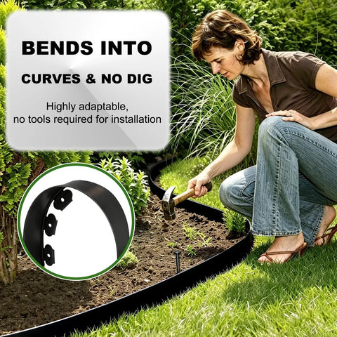 Woman installing 3 Inch Garden Edging Border Kit With 50 Feet Of Plastic Edging And 75 Spikes For Easy Landscape Trimming