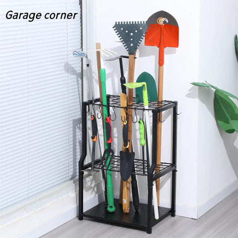Heavy Duty Free Standing Garden Tool Organizer Rack For Garage Corner Storage And Shed Organization with tools.