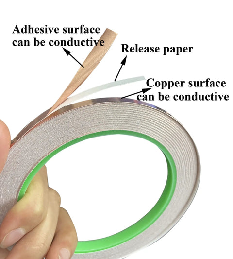 Copper Tape One Quarter Inch Double Sided Conductive Foil Tape For EMI Shielding Soldering Electrical Repairs Stained Glass Grounding Two Pack Twenty One Point Eight Yards Each showing adhesive and copper surfaces.