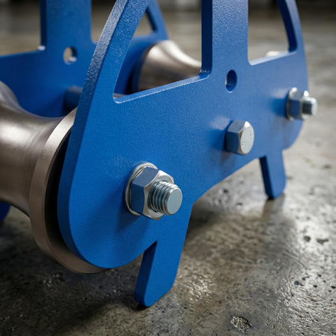 Industrial Heavy Duty Cable Puller Sheave For Smooth Wire Rope Pulling And Cable Feeding with blue steel frame and stainless rollers.