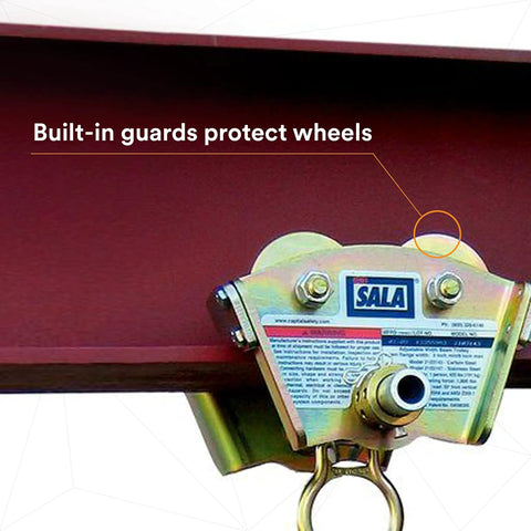 Heavy Duty I Beam Trolley for Self Retracting Lifeline, gold finish, shown with built-in guards for wheel protection.