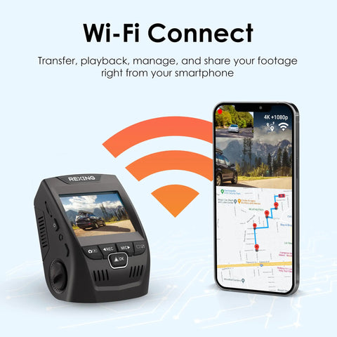 Dual 4K Front And 1080P Rear Dash Cam With GPS And WiFi For Your Ride showing WiFi connectivity with smartphone and map route