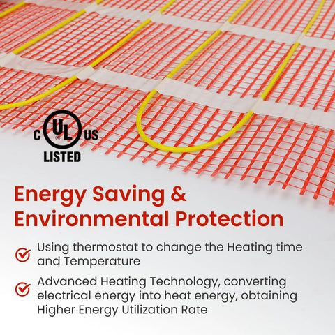 60 Sqft Self Adhesive Electric Radiant Floor Heating Mat features UL listed, fiberglass mesh with thermostat benefits.