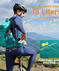 Cyclist wearing Hydration Backpack With 3L Water Bladder, 18L Multipurpose Hiking Pack For Outdoors, on a scenic mountain trail.