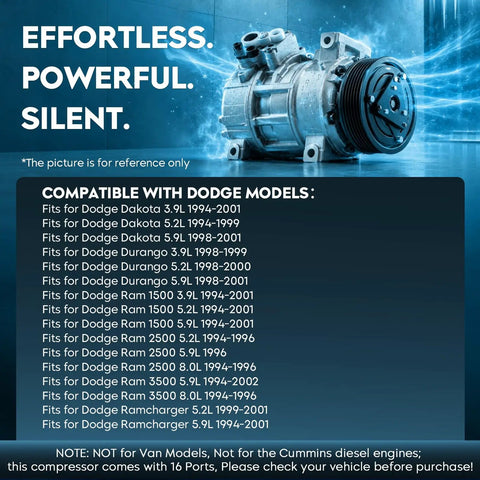Straight Up Replacement AC Air Conditioning Compressor With Clutch Kit For Dodge Dakota Durango Ram 1500 2500 3500 Pickup Truck Rig Factory Style Design displayed with blue background.