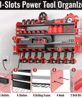 Power Tool Organizer Wall Mount With Charging Station 4 Layer Heavy Duty Metal Cordless Tool Rack With 8 Drill Slots And Hammer Screwdriver Holders Garage Ready Tool Storage Shelf Red Pro shown installed with tools