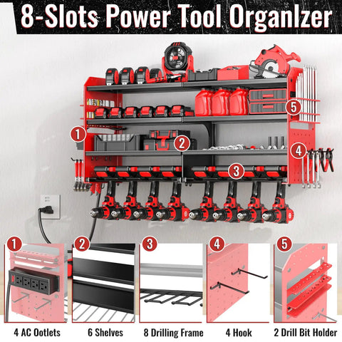 Power Tool Organizer Wall Mount With Charging Station 4 Layer Heavy Duty Metal Cordless Tool Rack With 8 Drill Slots And Hammer Screwdriver Holders Garage Ready Tool Storage Shelf Red Pro shown installed with tools