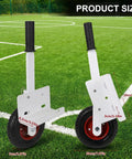 Smooth Rolling No Sweat Soccer Goal Dolly With High Lift Puncture Proof Tires For Easy Field Moves And Zero Fuss Relocation Of Heavy Duty Goals Up To 1300 Pounds, showcasing product size with dimensions on a field.