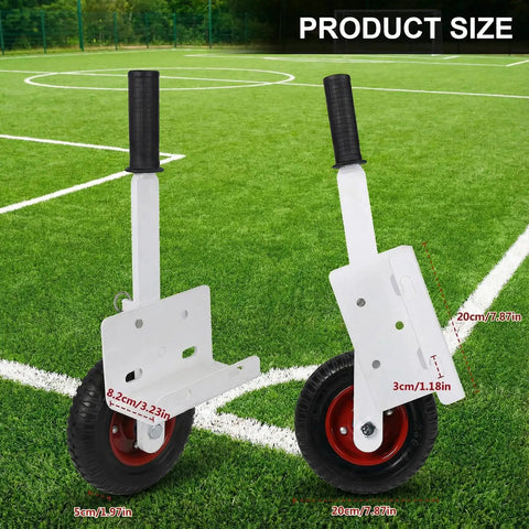 Smooth Rolling No Sweat Soccer Goal Dolly With High Lift Puncture Proof Tires For Easy Field Moves And Zero Fuss Relocation Of Heavy Duty Goals Up To 1300 Pounds, showcasing product size with dimensions on a field.