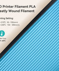 Close-up view of neatly wound blue 3D printer PLA filament with temperature and speed settings displayed.