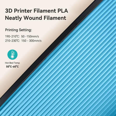 Close-up view of neatly wound blue 3D printer PLA filament with temperature and speed settings displayed.