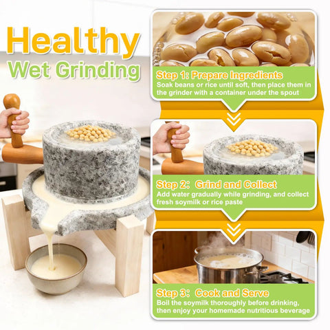 Manual Granite Stone Grain Mill With Wooden Base And Heavy Duty Handle For Flour Grain And Spice Grinding In Home Kitchen