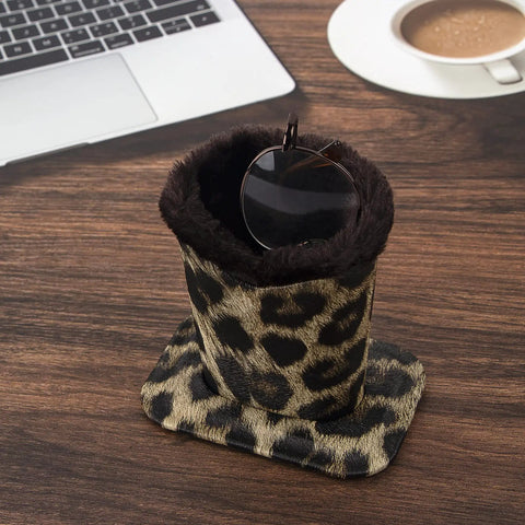 Fluffy Lined Eyeglasses Holder Case With Anti Scratch Protection And Soft Plush Interior, PU Leather Stand on desk