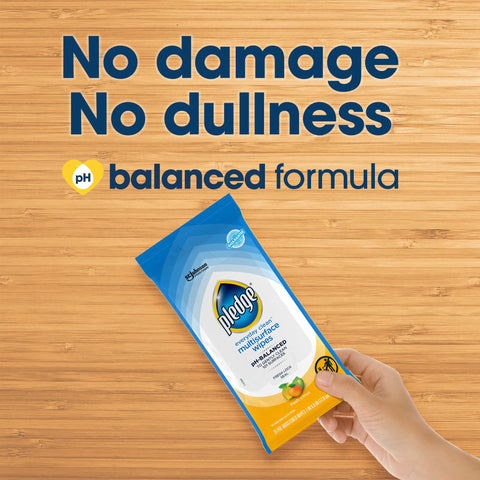 Hand holding pack of Multisurface Cleaning Wipes With PH Balanced Formula For Everyday Dust And Mess Cleanup on wooden surface