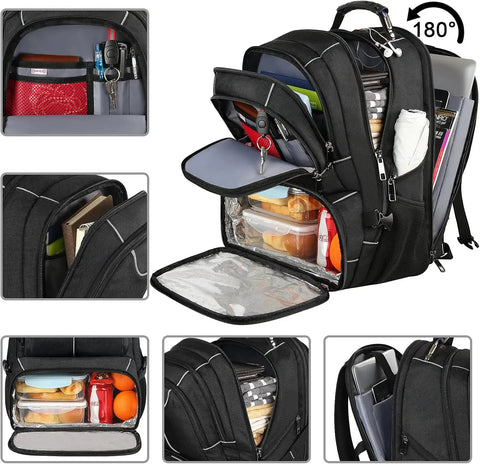 Insulated Lunch Backpack with Leakproof Cooler Compartment, black design, open view showing storage for office travel and college use.