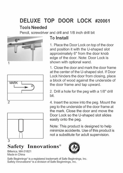 Deluxe Kid Safe Door Top Lock For One And Three Eighths Inch Interior Doors, installation instructions diagram.
