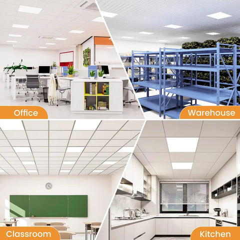 Office, warehouse, classroom, and kitchen spaces with 2x2 LED Flat Panel Light 40W With 3 Color Temperatures 3000K 4000K 5000K installed