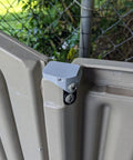Hella Tough Steel Core Left Replacement Hinge For 6X5 Resin Shed Door Slide Lid Heavy Duty Upgraded Metal Reinforced 3T16 Compatible hardware mounted on a resin door.