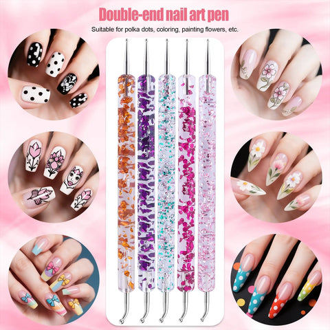 Colorful 32Piece Pro Nail Art Brushes Kit With Double Ended Brushes Dotting Tools Liner Pens holder in use on various nail designs