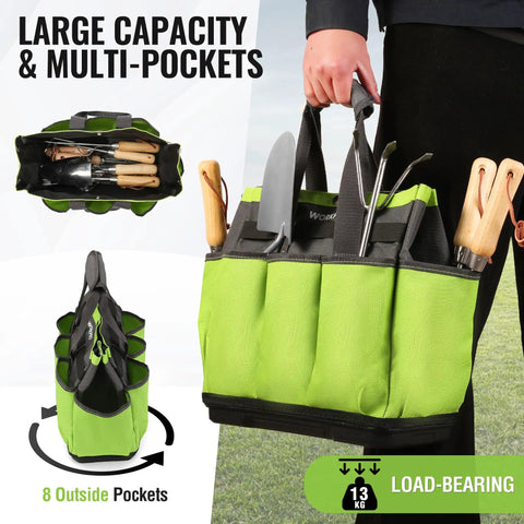 Durable Garden Tool Tote With Waterproof Plastic Base, Eight Pocket Oxford Caddy for indoor and outdoor use, heavy duty