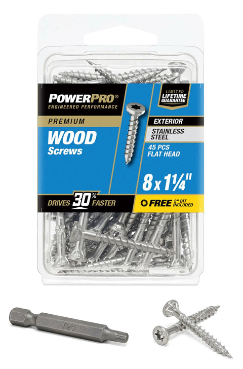 Stainless Steel Wood Screws Size Eight By One And Quarter Inch, 45 Pack, Star Drive No Slip No Pre Drill Faster Install Countersinking Heads For Clean Finish Diamond Tip For Strong Grip And Durable Wood Bond in packaging with loose screws and bit shown.