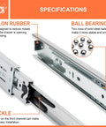 Specifications of Heavy Duty Full Extension Drawer Slides With Ball Bearing 14 Inch Side Mount Rails, showing nylon rubber, buckle, and ball bearing