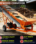 Gas Powered Firewood Conveyor With 19.7 Inch Wide PVC Belt, 31 Ft Long, 208cc 6.5HP Engine, Hydraulic Drive, Height Adjustable Manual Winch For Easy Log Lifting And Material Handling, Orange displayed in outdoor setting with logs in background