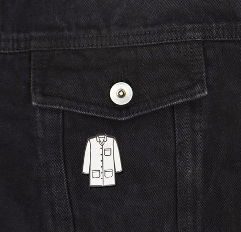 Lab Coat Enamel Pin In Black With White Accent, Corrosion Resistant Steel Backing, Double Rubber Clutch, Hard Enamel Finish