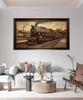 Living room with Dope 3D Large Wall Art of Retro Steam Locomotive Station Scene Vintage Industrial Railway Painting above sofa.