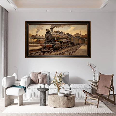 Living room with Dope 3D Large Wall Art of Retro Steam Locomotive Station Scene Vintage Industrial Railway Painting above sofa.