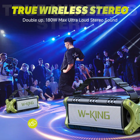 Portable Bluetooth Speaker With 90W Max Output, Beast Bass Dual Subwoofers And Boombox Sound in a lively dance party scene