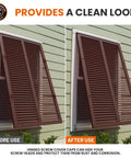 Before and after installation of Plastic Hinged Screw Covers With Flip Tops In Brown For Exposed Screws Rust Protection Snap Washer Caps