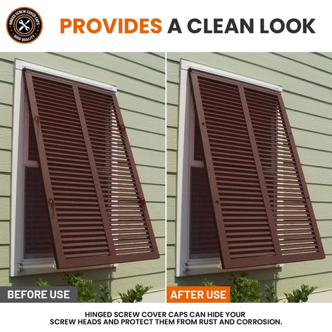 Before and after installation of Plastic Hinged Screw Covers With Flip Tops In Brown For Exposed Screws Rust Protection Snap Washer Caps