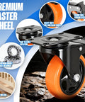 4 Inch Caster Set Of 4 Dual Locking PU Casters With 2400Lb Capacity showing orange wheel, steel construction, locking system