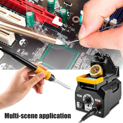 Upgraded Soldering Station Kit With Rapid Heating, ESD Safe Design, Five Replaceable Tips, And 63.5oz Rugged Build in use on electronics board