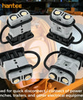Premium 175A Battery Cable Connector For 1/0 To 4 Gauge Wire shown in four quick disconnect plugs with copper terminals.