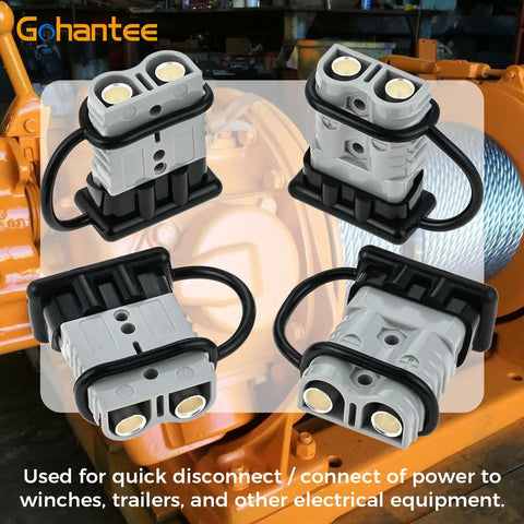 Premium 175A Battery Cable Connector For 1/0 To 4 Gauge Wire shown in four quick disconnect plugs with copper terminals.